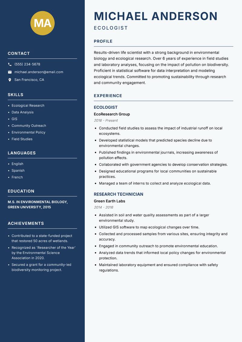 Life Scientist Resume Preview Example