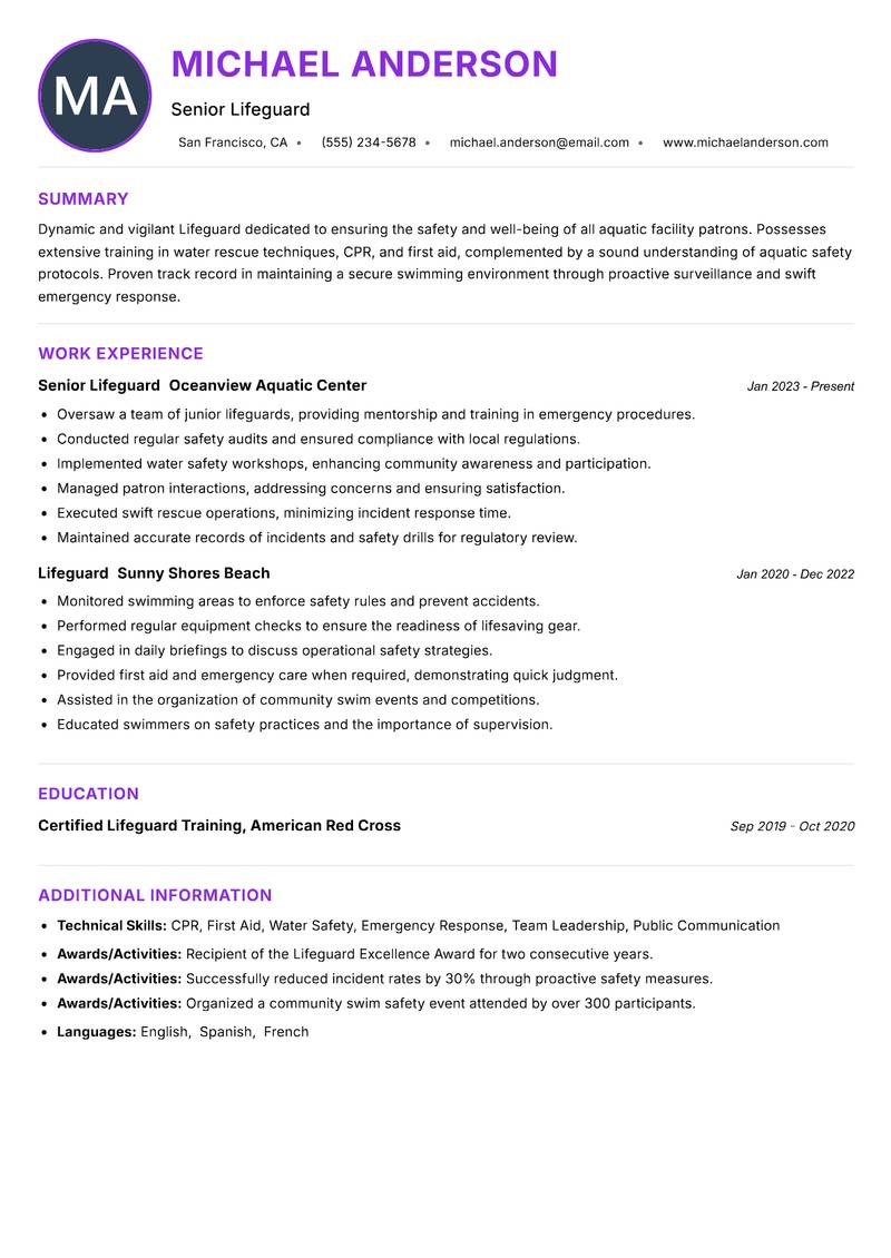Lifeguard Resume Preview Example