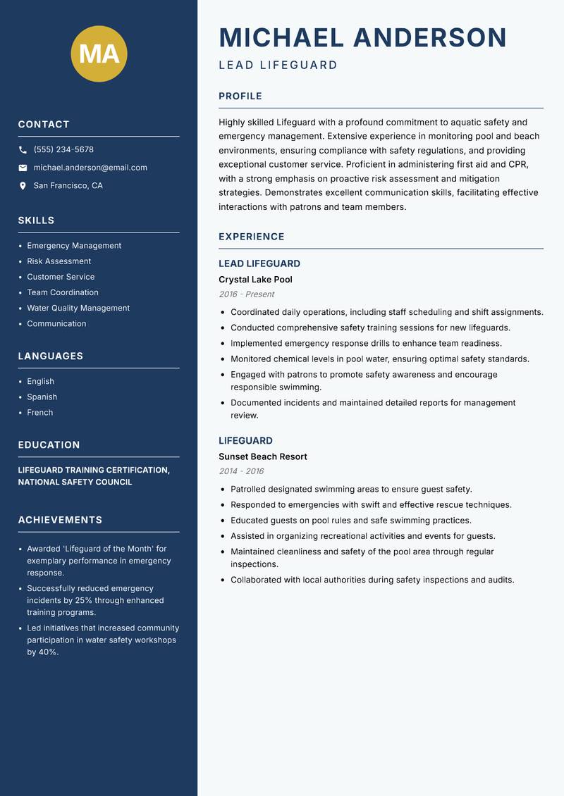 Lifeguard Resume Preview Example