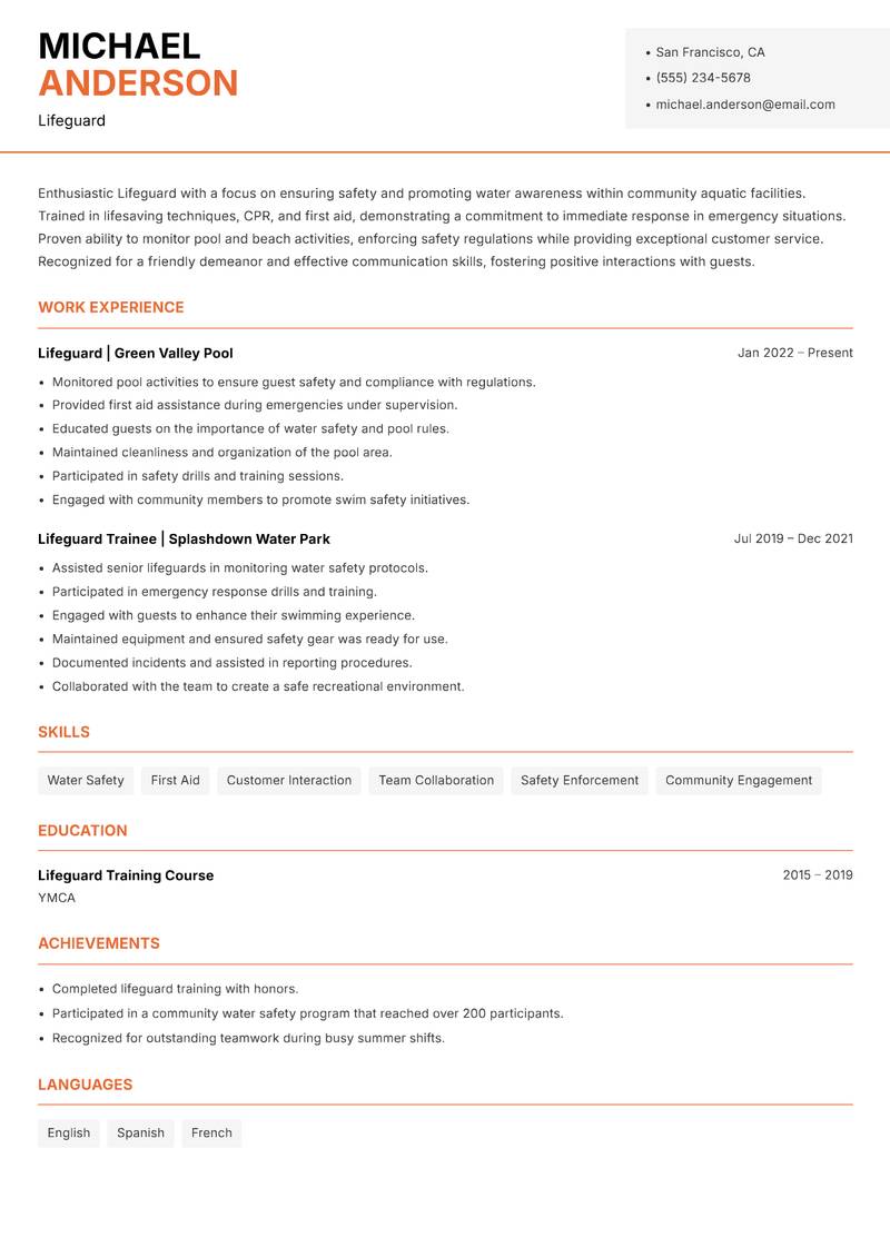 Lifeguard Resume Template