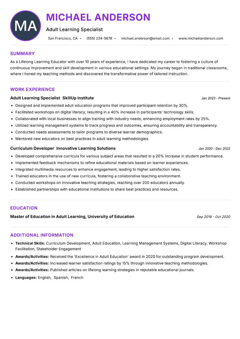 Lifelong Learning Educator Resume Preview Example