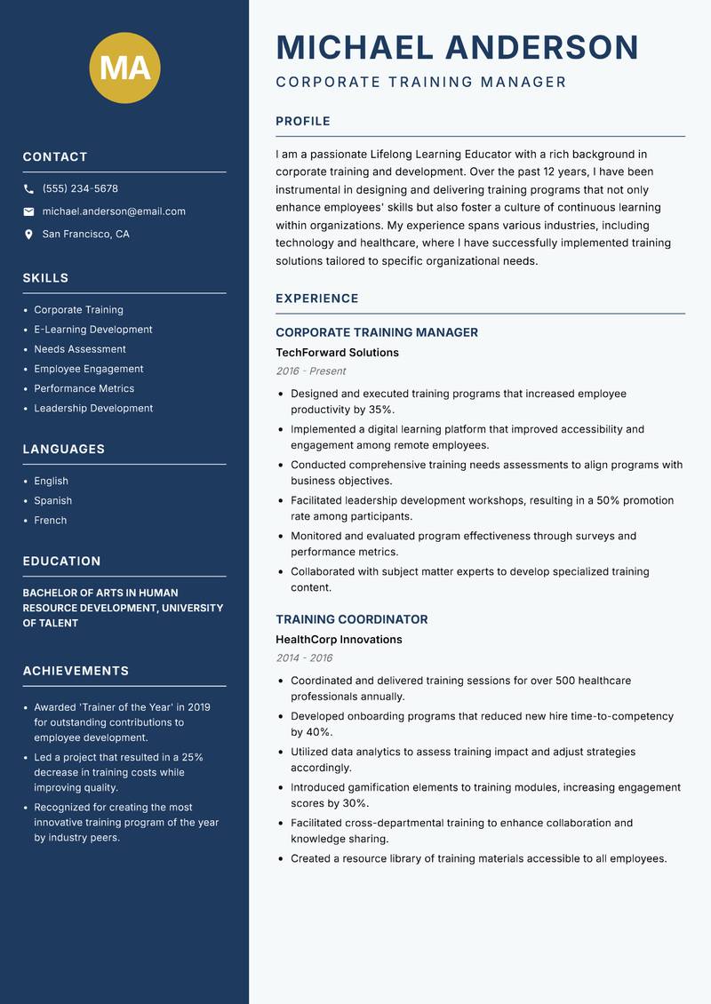 Lifelong Learning Educator Resume Preview Example