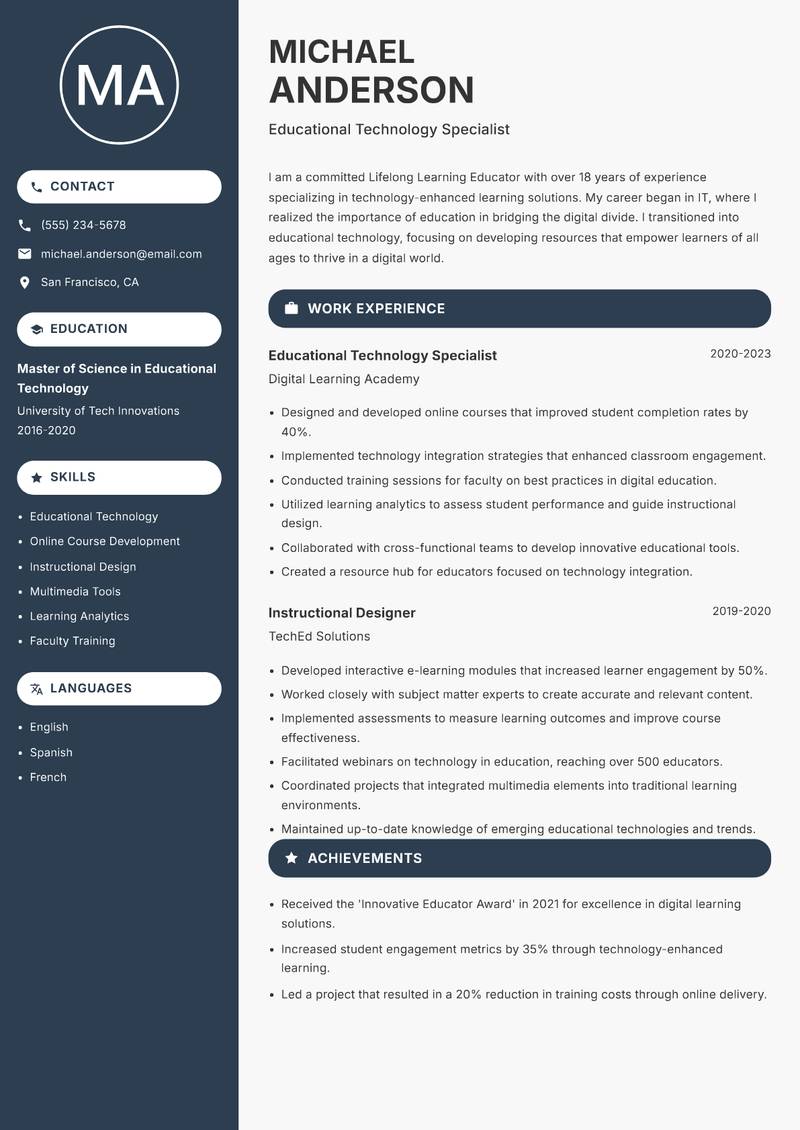 Lifelong Learning Educator Resume Preview Example