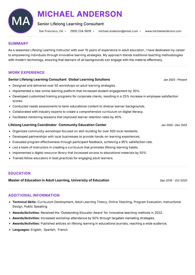 Lifelong Learning Instructor Resume Preview Example