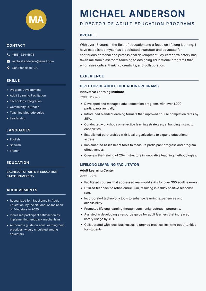 Lifelong Learning Instructor Resume Preview Example