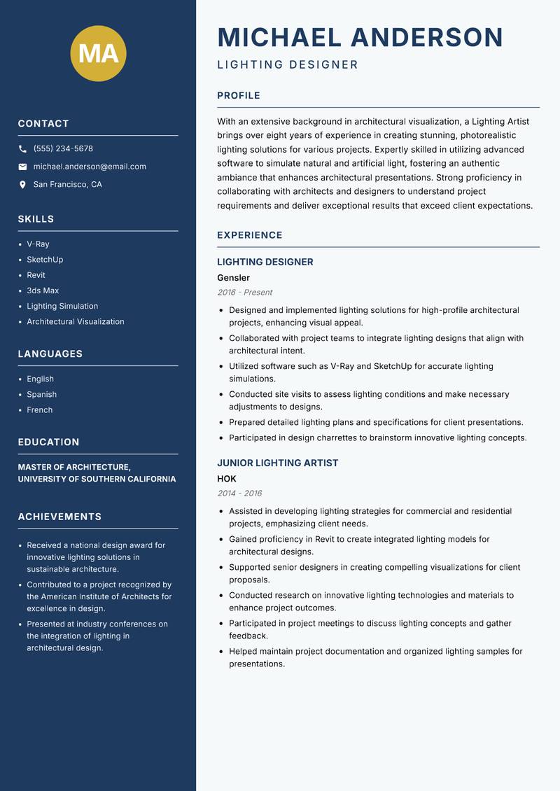 Lighting Artist Resume Preview Example