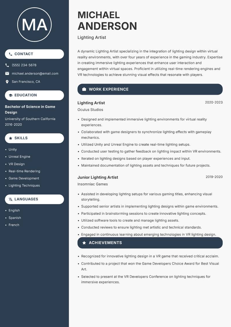 Lighting Artist Resume Preview Example