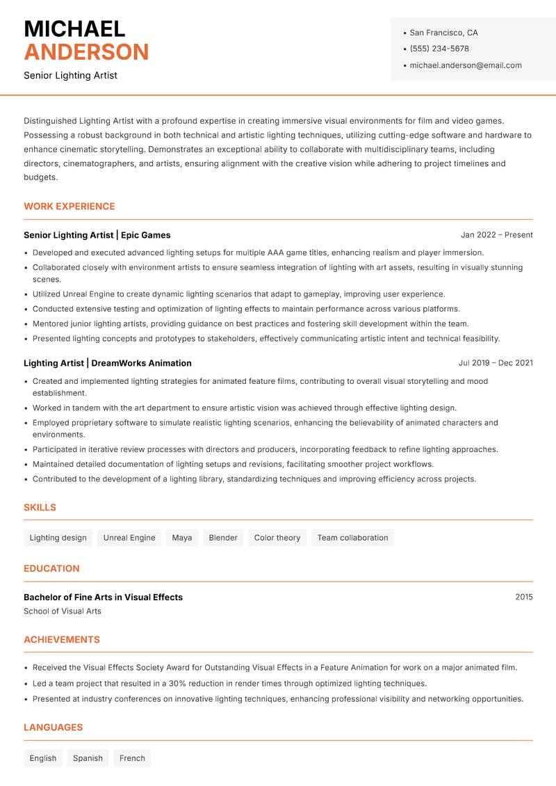 Lighting Artist Resume Template