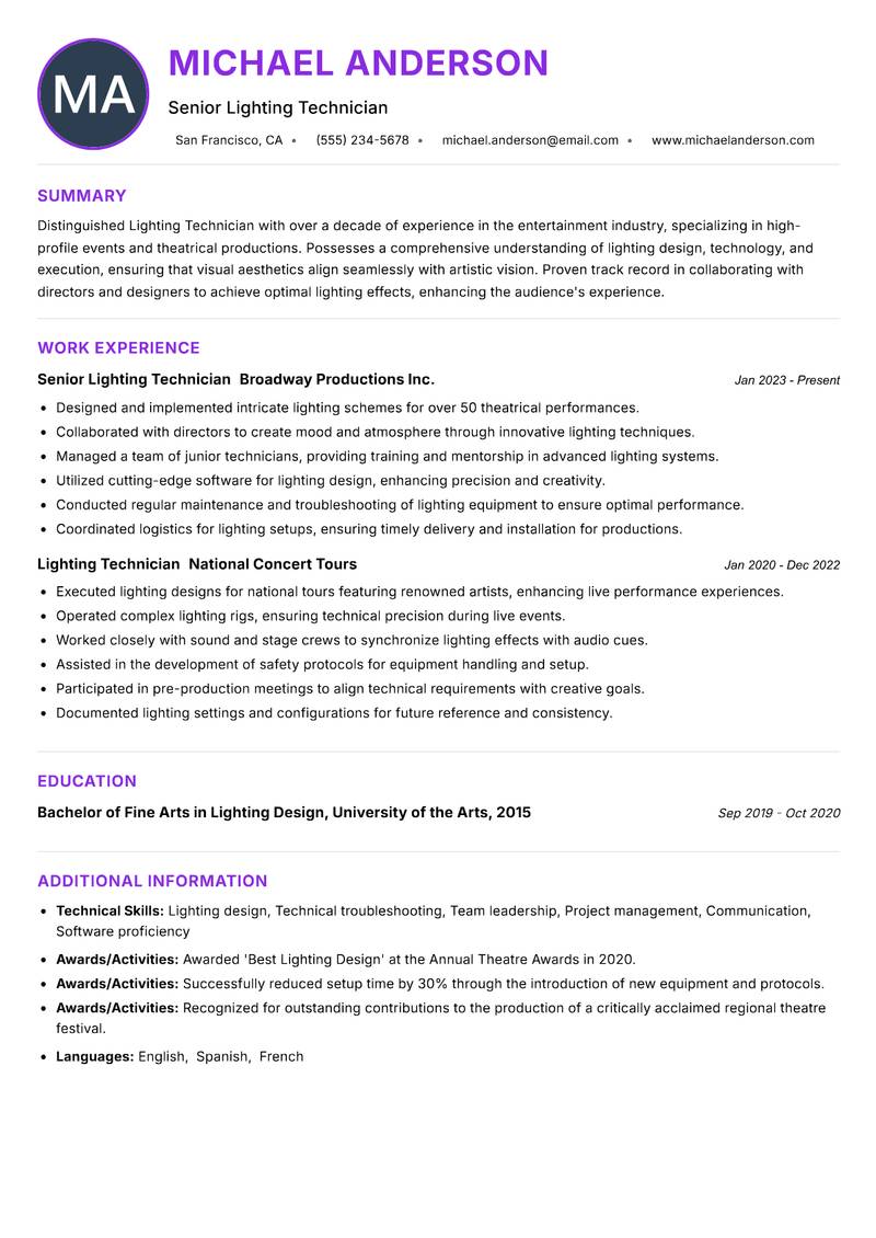 Lighting Technician Resume Preview Example