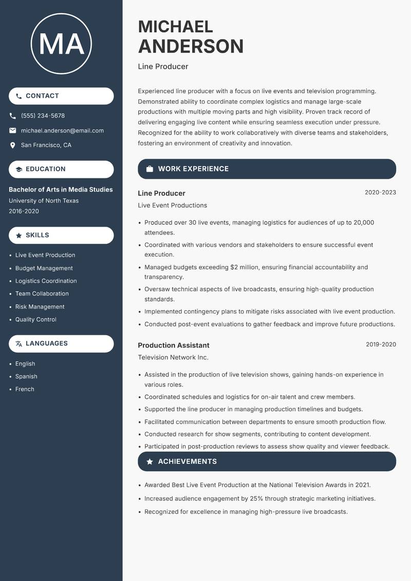 Line Producer Resume Preview Example