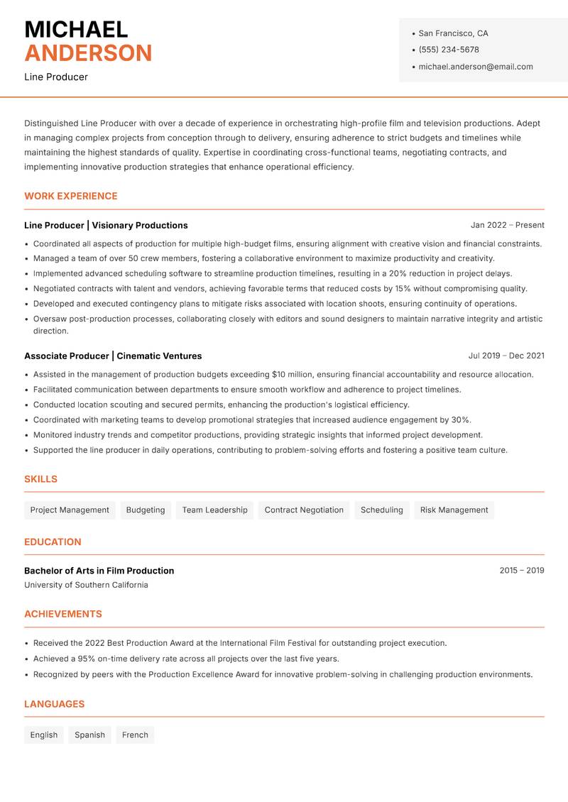 Line Producer Resume Template