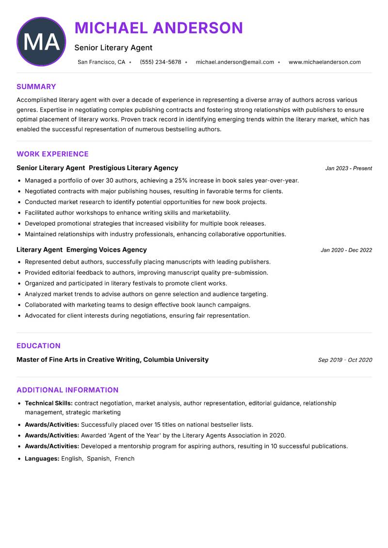 Literary Agent Resume Preview Example