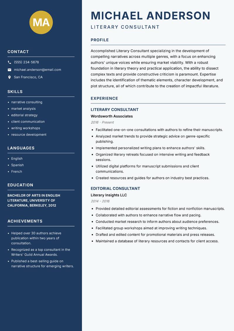 Literary Consultant Resume Preview Example