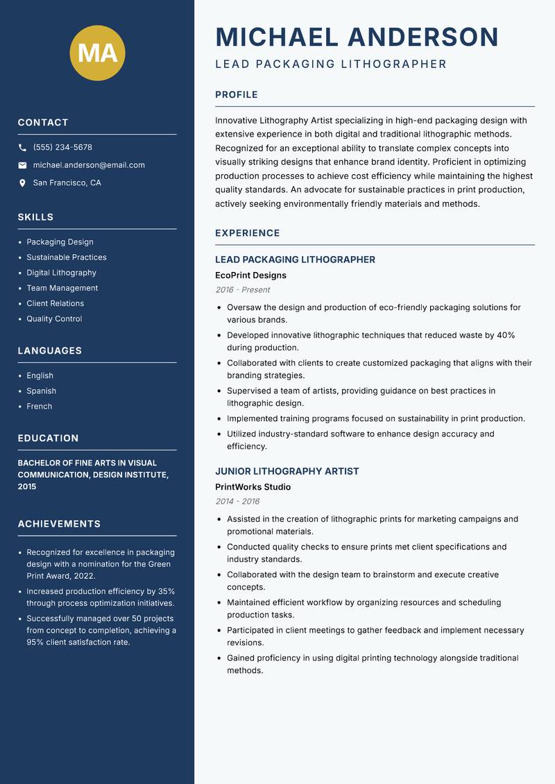 Lithography Artist Resume Preview Example