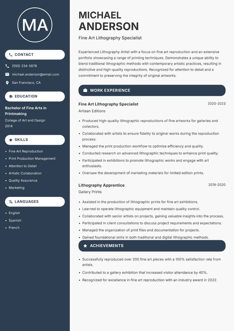 Lithography Artist Resume Preview Example
