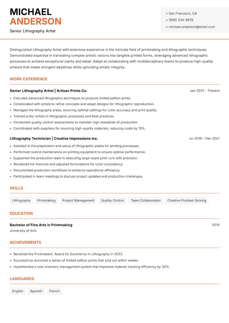 Lithography Artist Resume Template