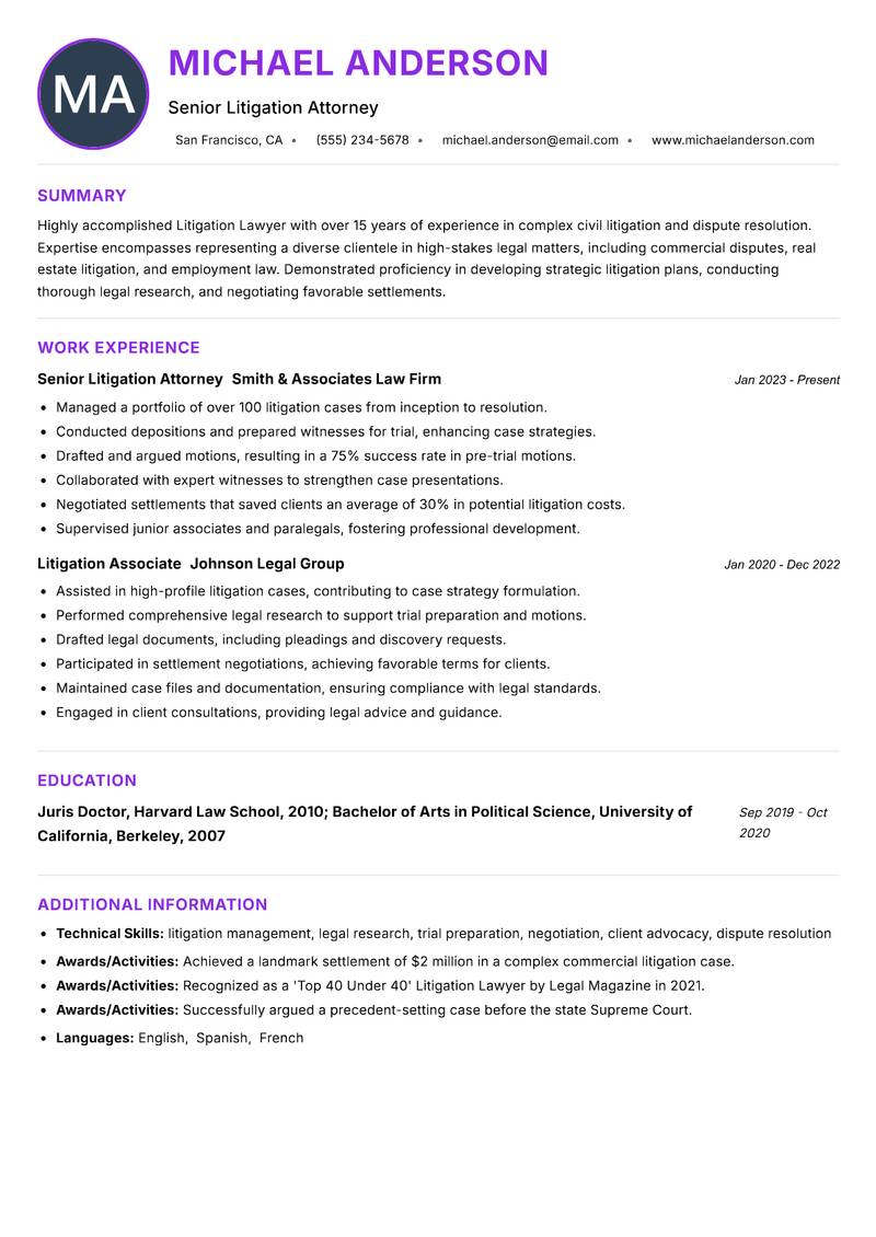 Litigation Lawyer Resume Preview Example