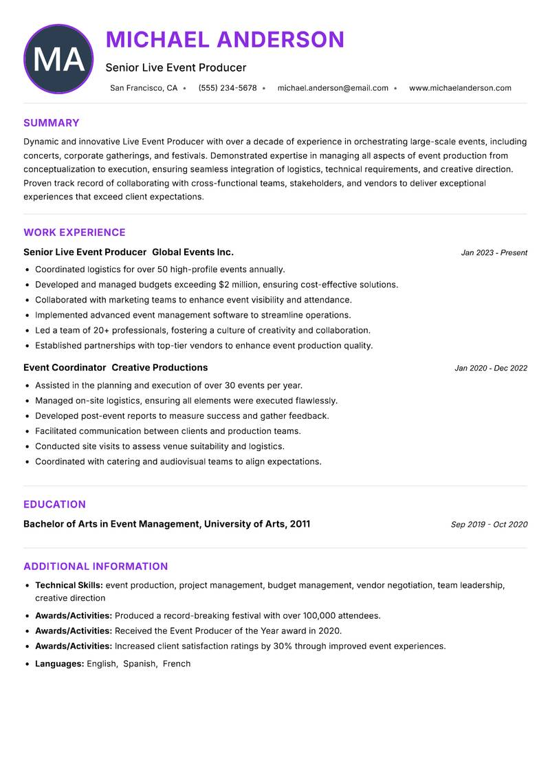 Live Event Producer Resume Preview Example