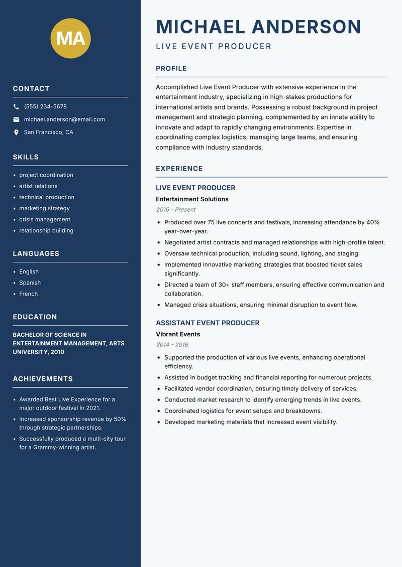 Live Event Producer Resume Preview Example
