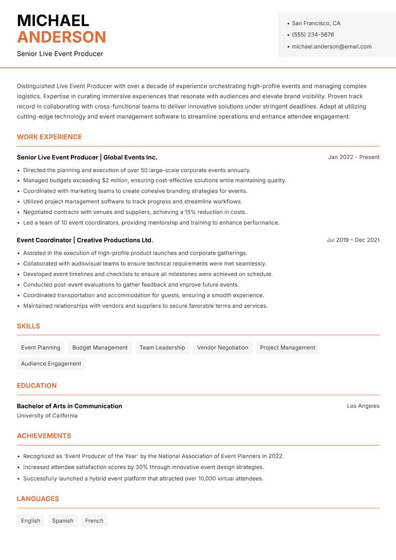 Live Event Producer Resume Template