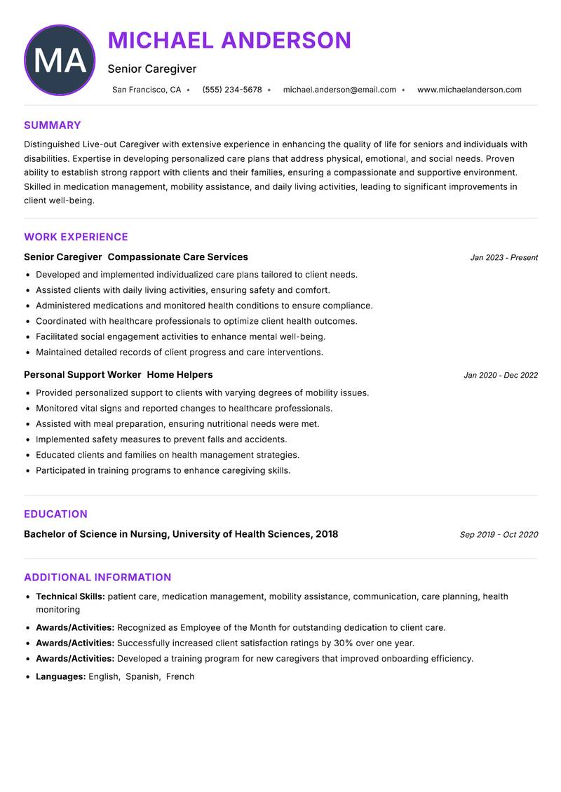 Live-out Caregiver Resume Preview Example