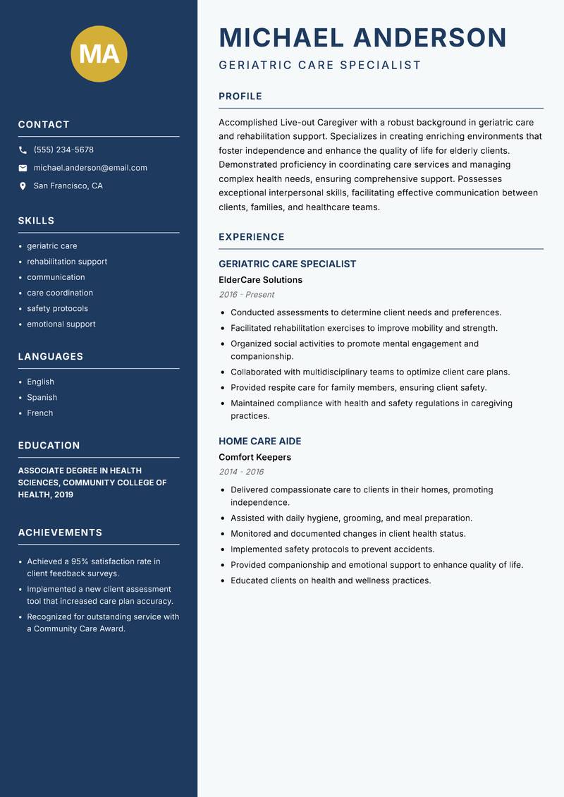 Live-out Caregiver Resume Preview Example