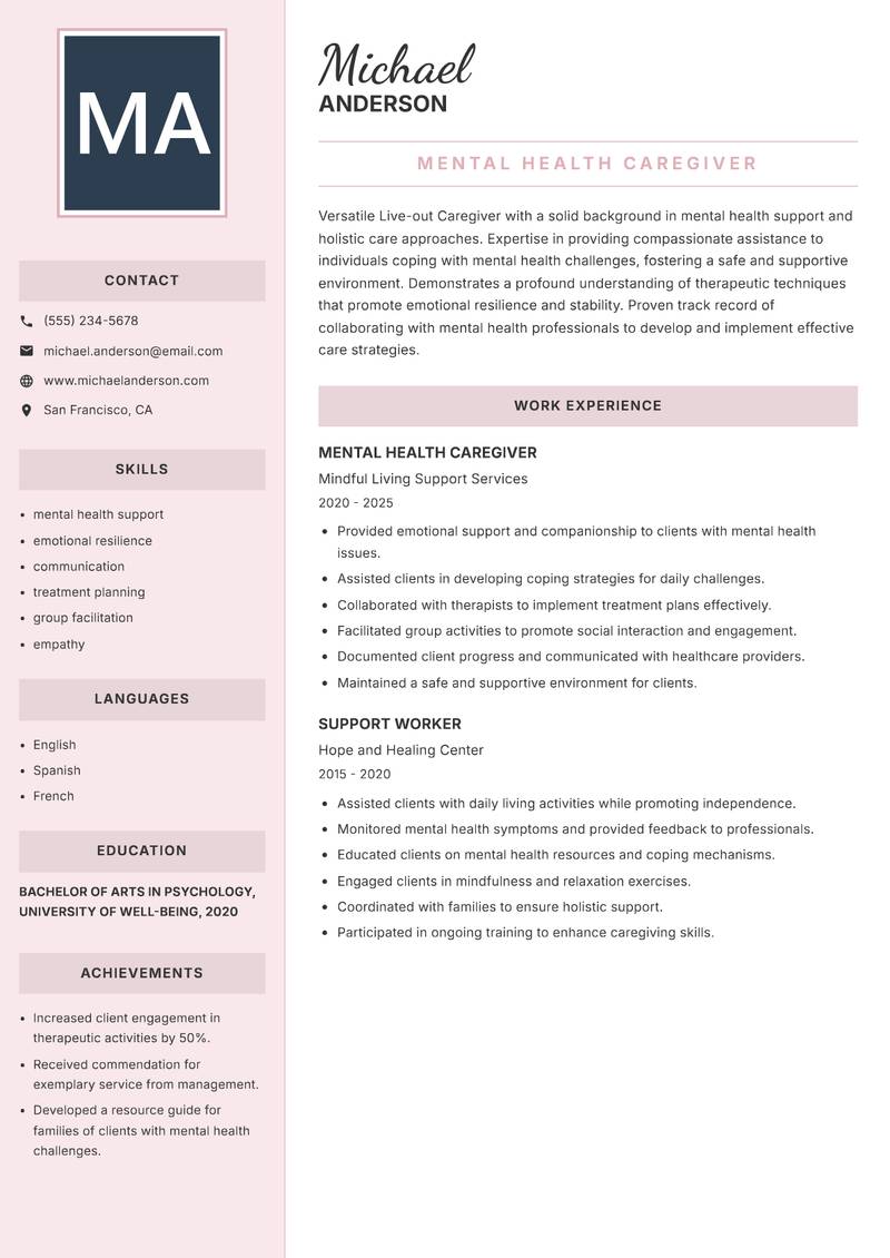 Live-out Caregiver Resume Preview Example