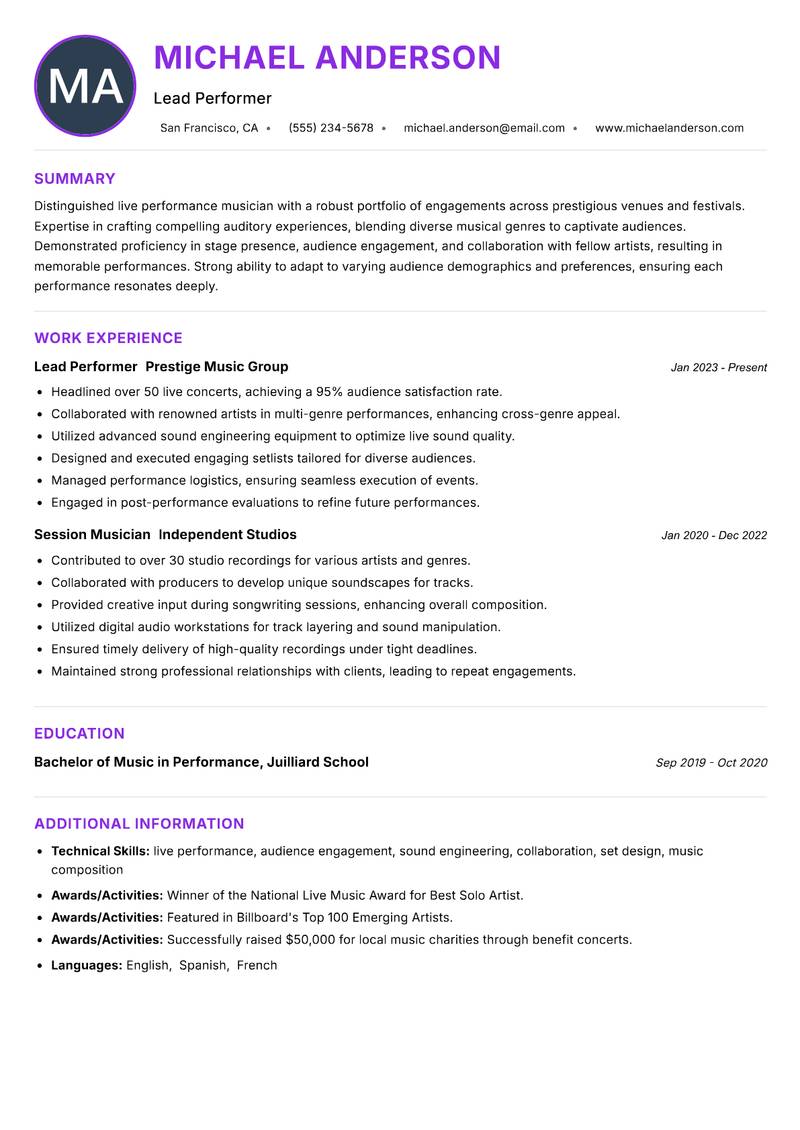 Live Performance Musician Resume Preview Example