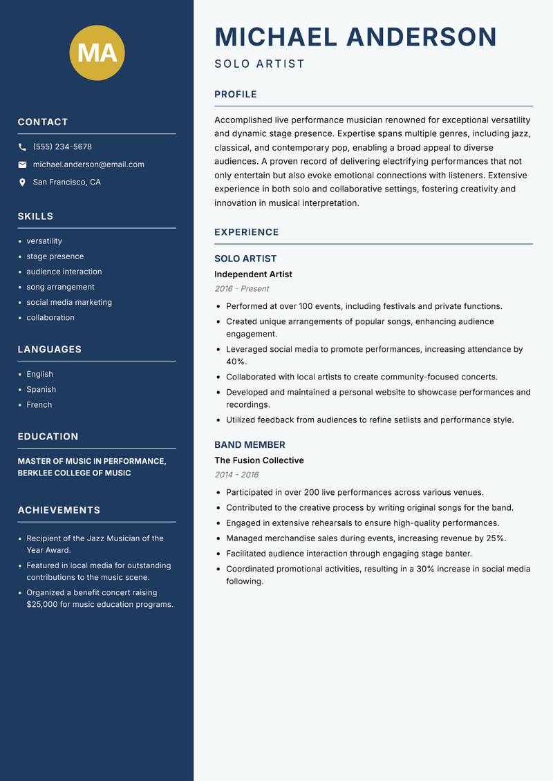 Live Performance Musician Resume Preview Example