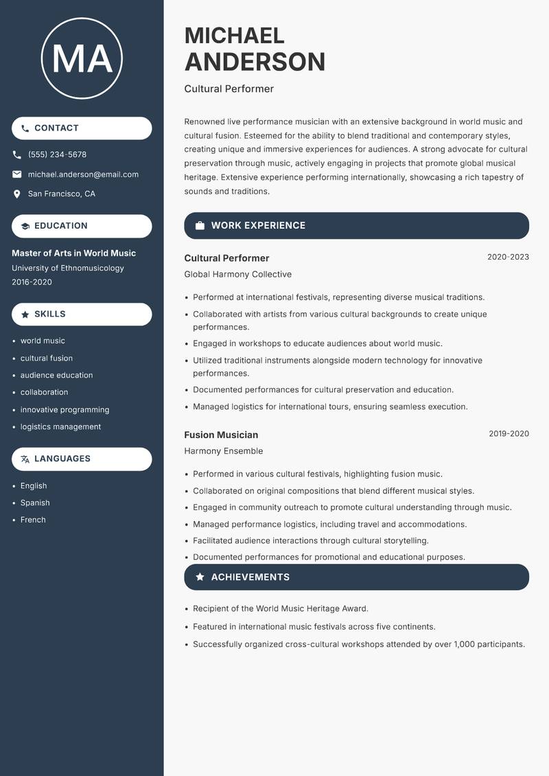 Live Performance Musician Resume Preview Example