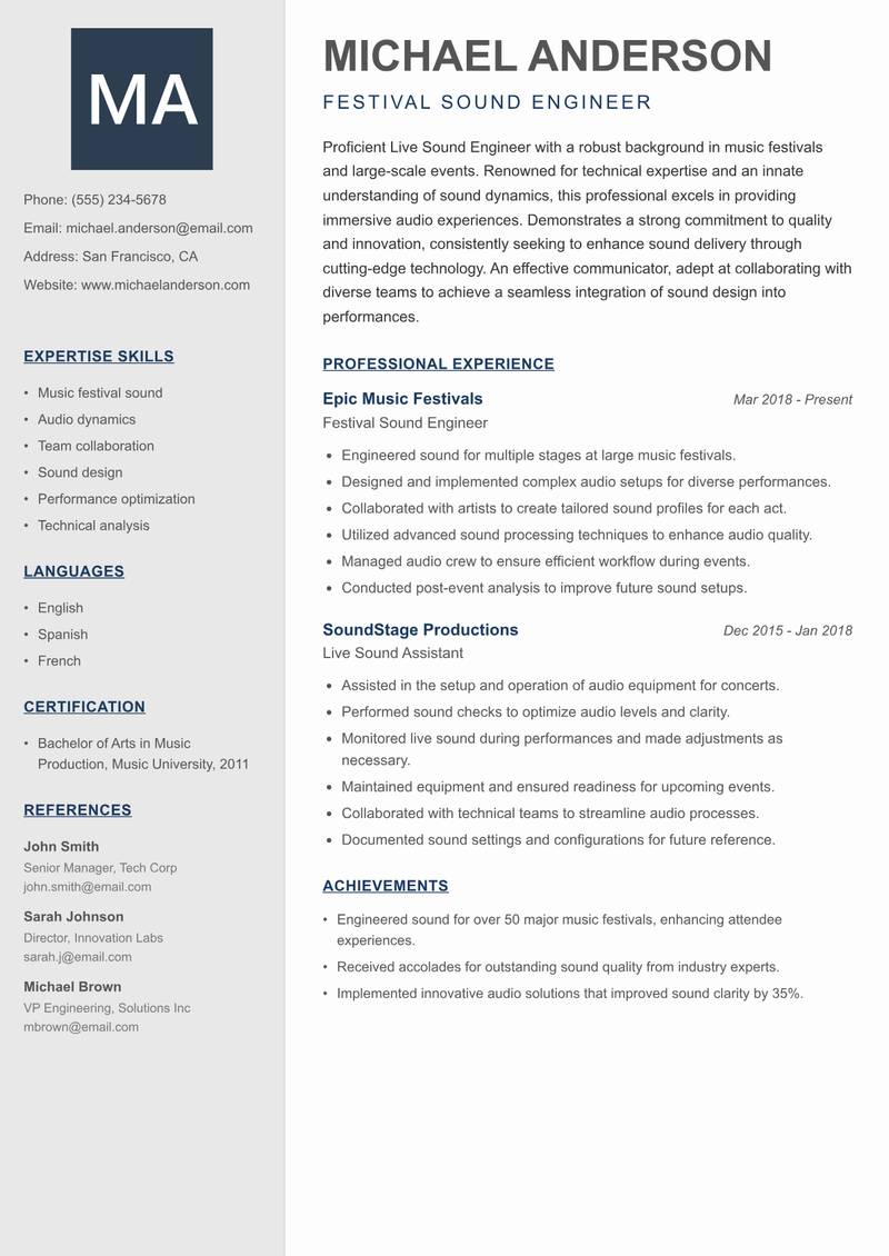 Live Sound Engineer Resume Preview Example
