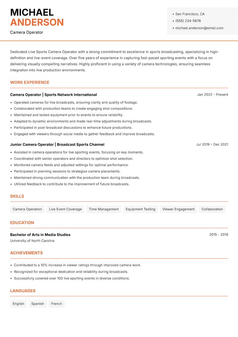Live Sports Camera Operator Resume Template