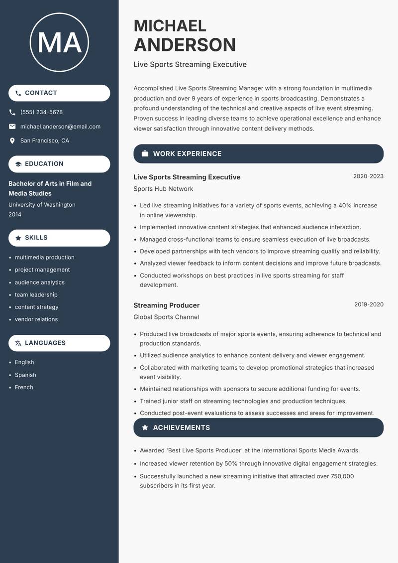 Live Sports Streaming Manager Resume Preview Example