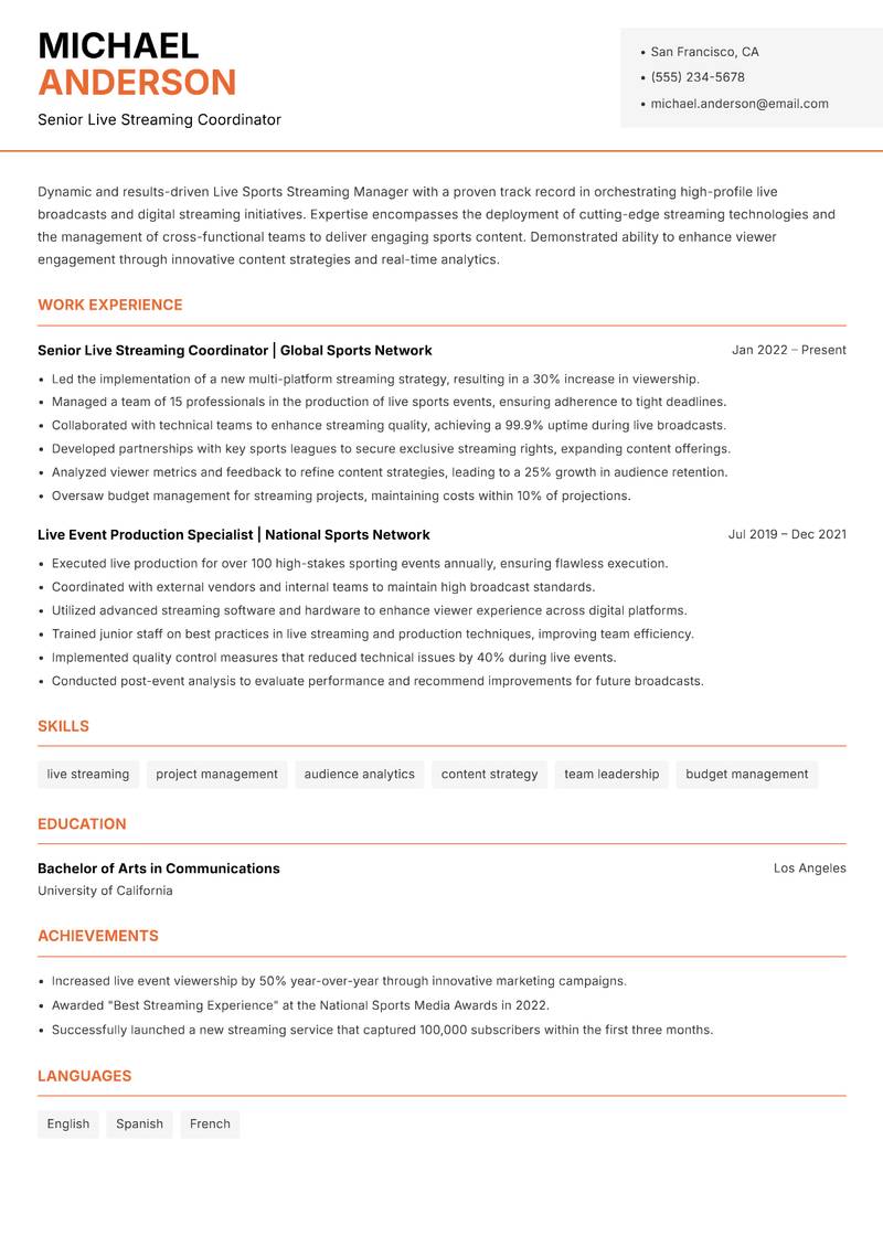 Live Sports Streaming Manager Resume Template
