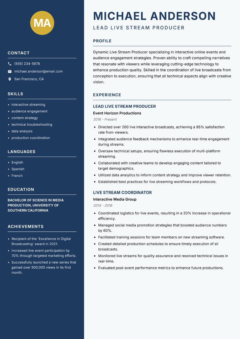 Live Stream Producer Resume Preview Example