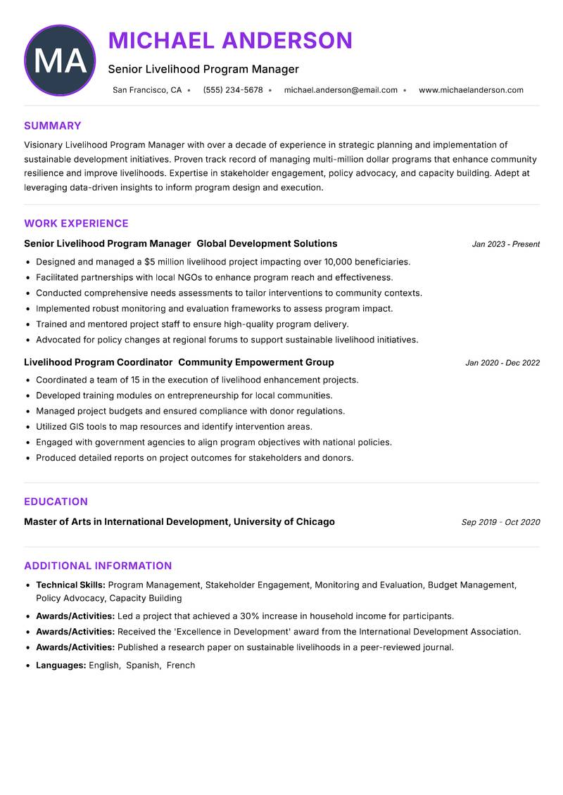 Livelihood Program Manager Resume Preview Example