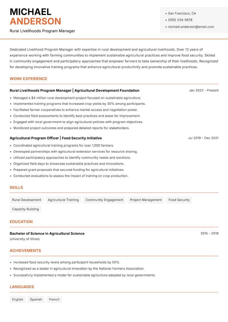 Livelihood Program Manager Resume Template