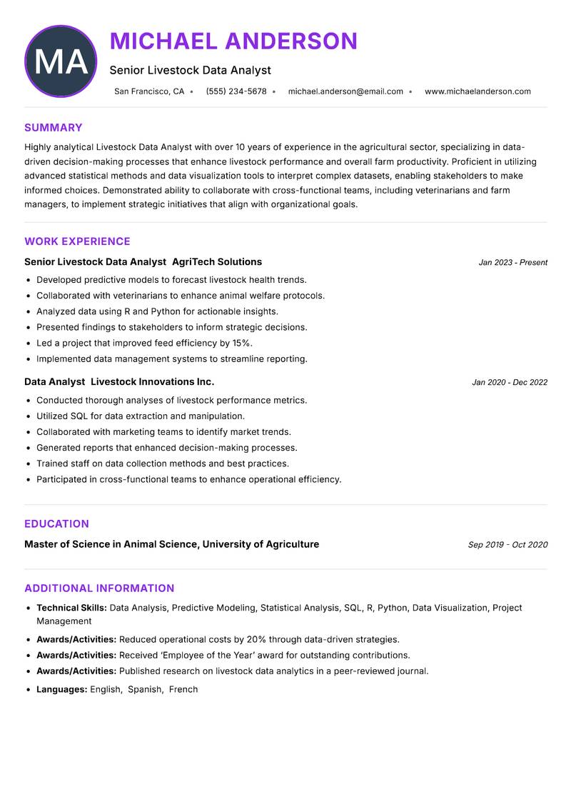 Livestock Data Analyst Resume Preview Example