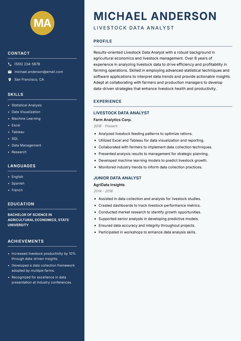 Livestock Data Analyst Resume Preview Example