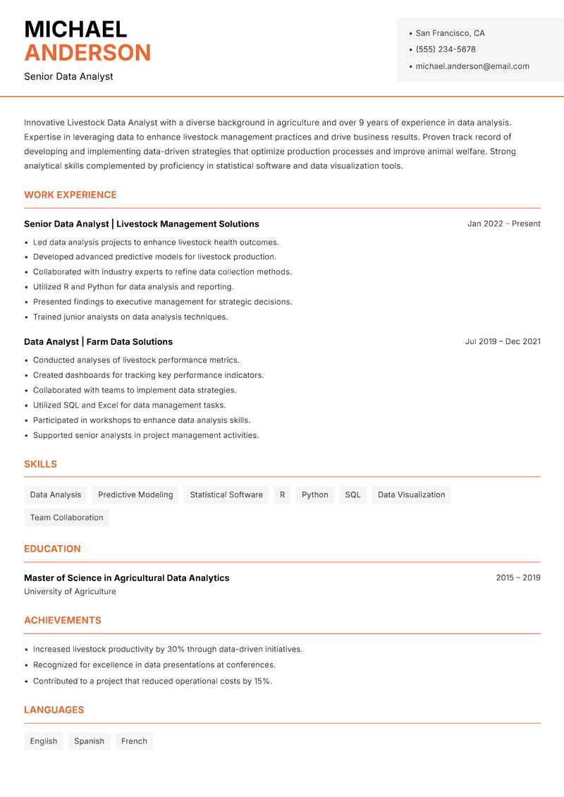 Livestock Data Analyst Resume Template