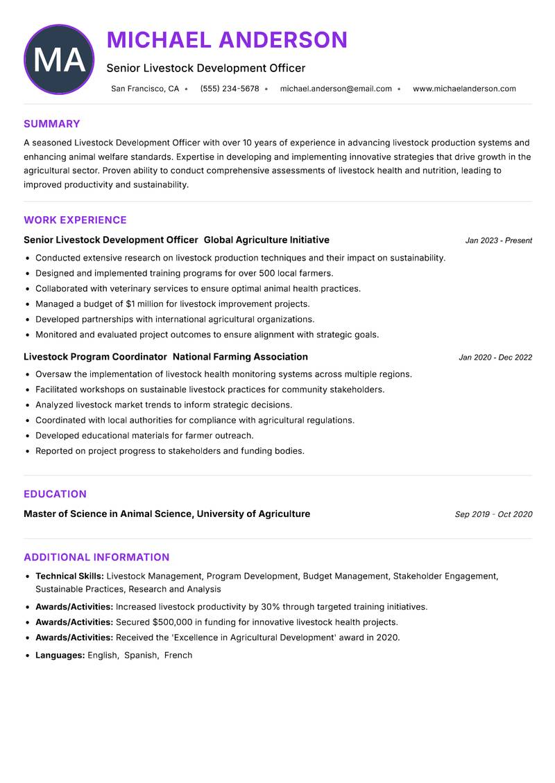 Livestock Development Officer Resume Preview Example