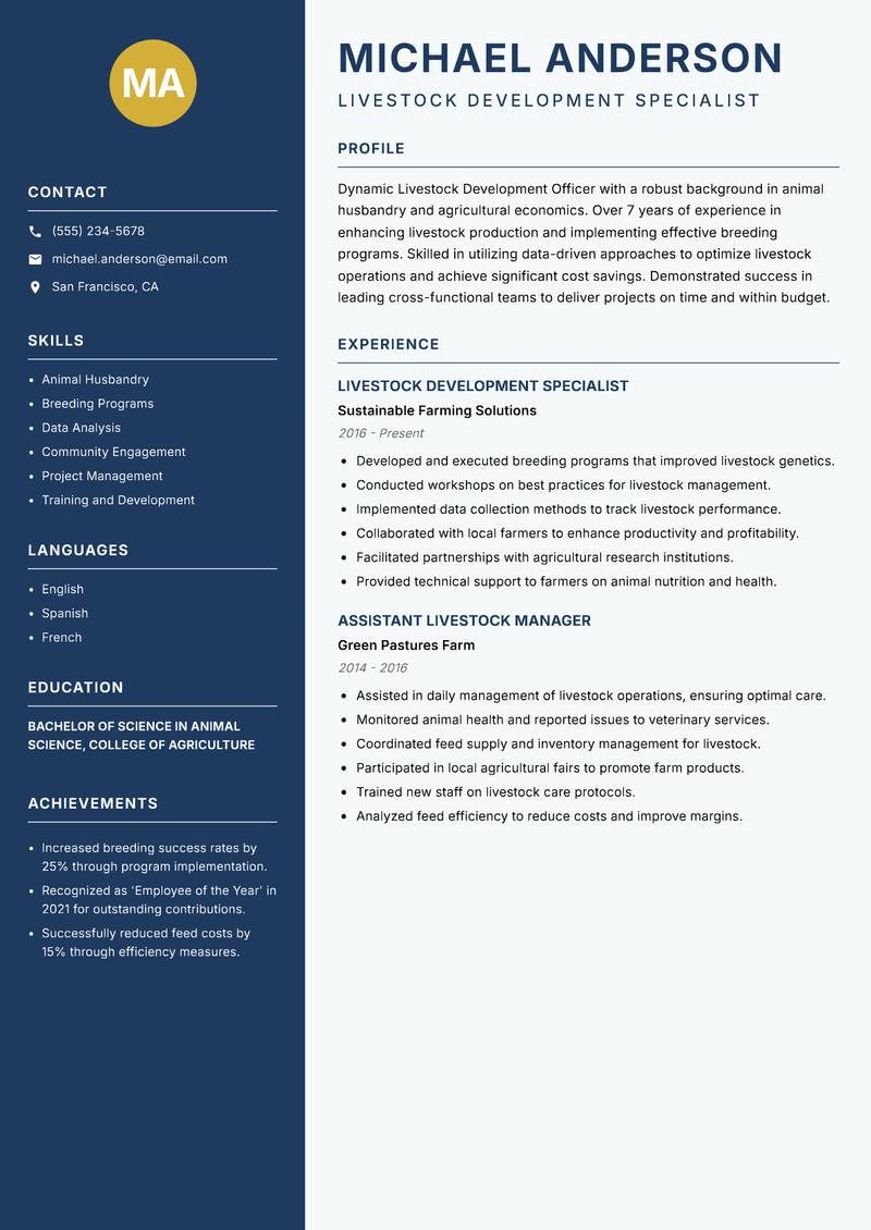 Livestock Development Officer Resume Preview Example