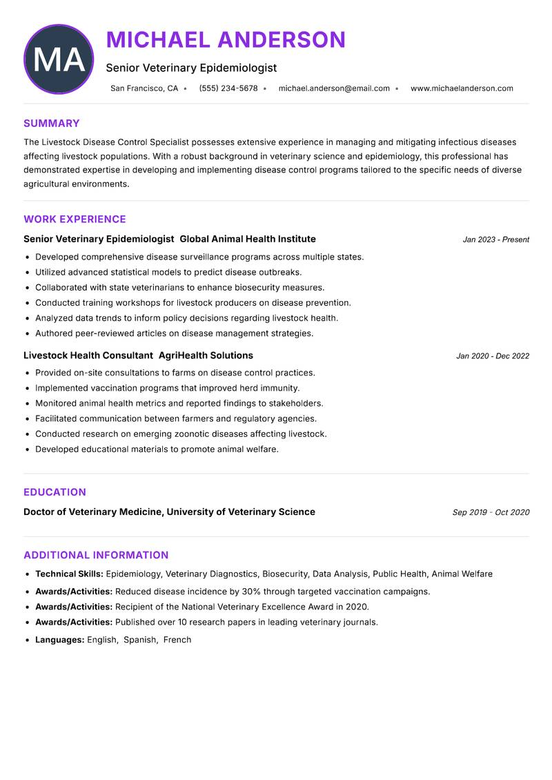 Livestock Disease Control Specialist Resume Preview Example