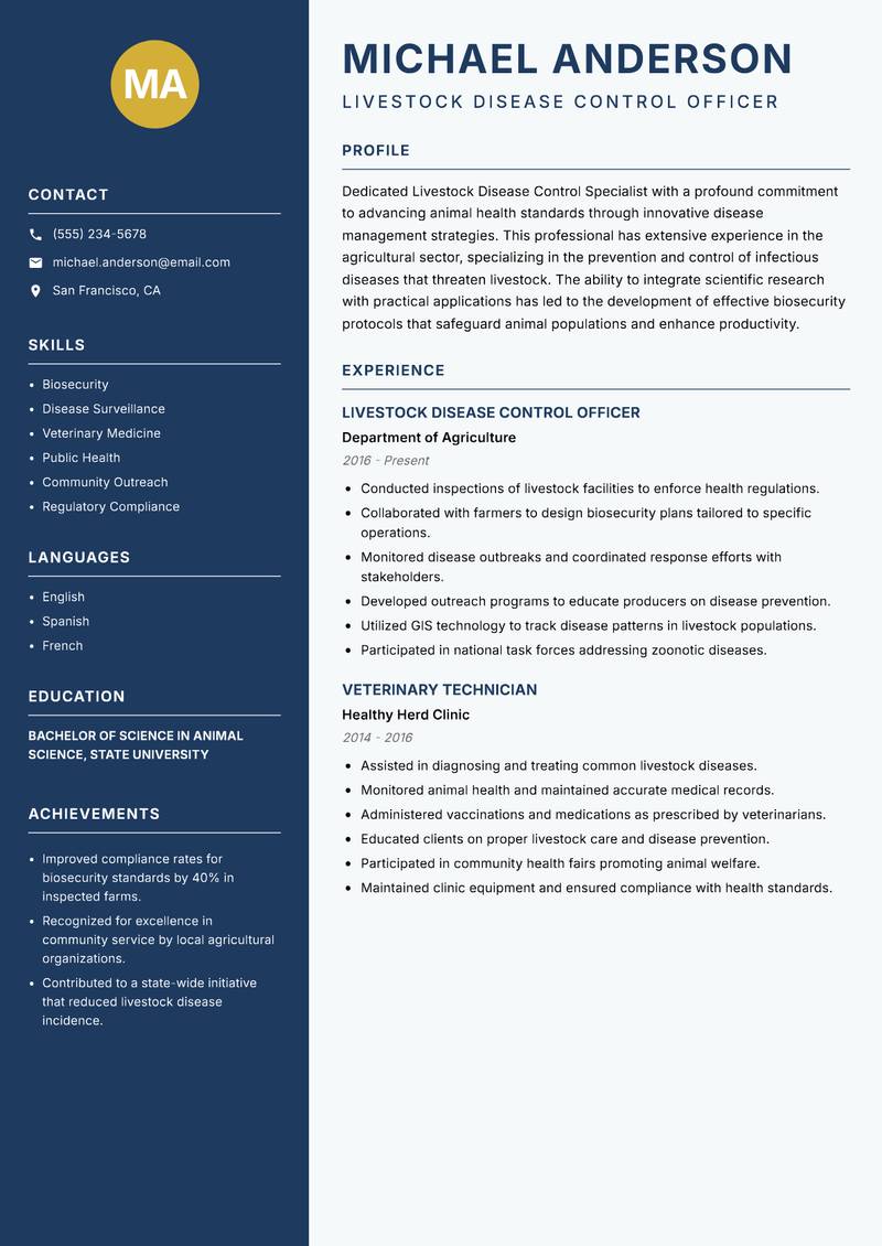 Livestock Disease Control Specialist Resume Preview Example