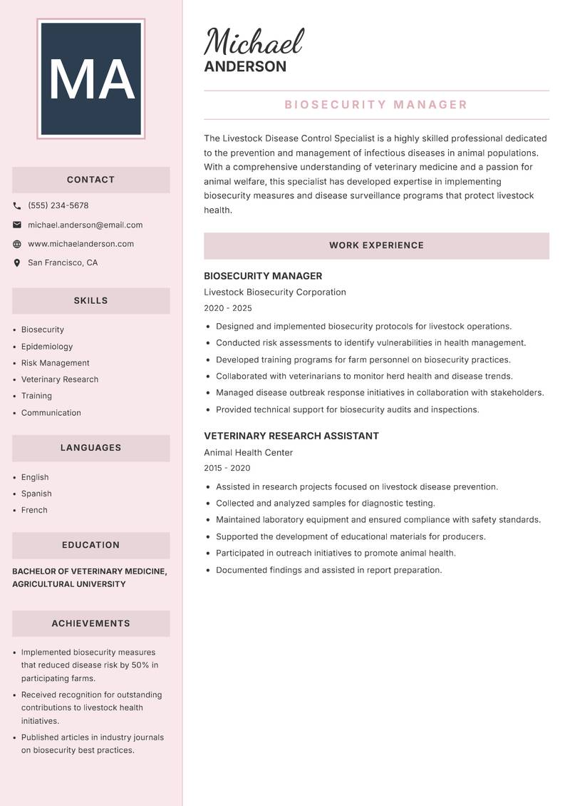Livestock Disease Control Specialist Resume Preview Example