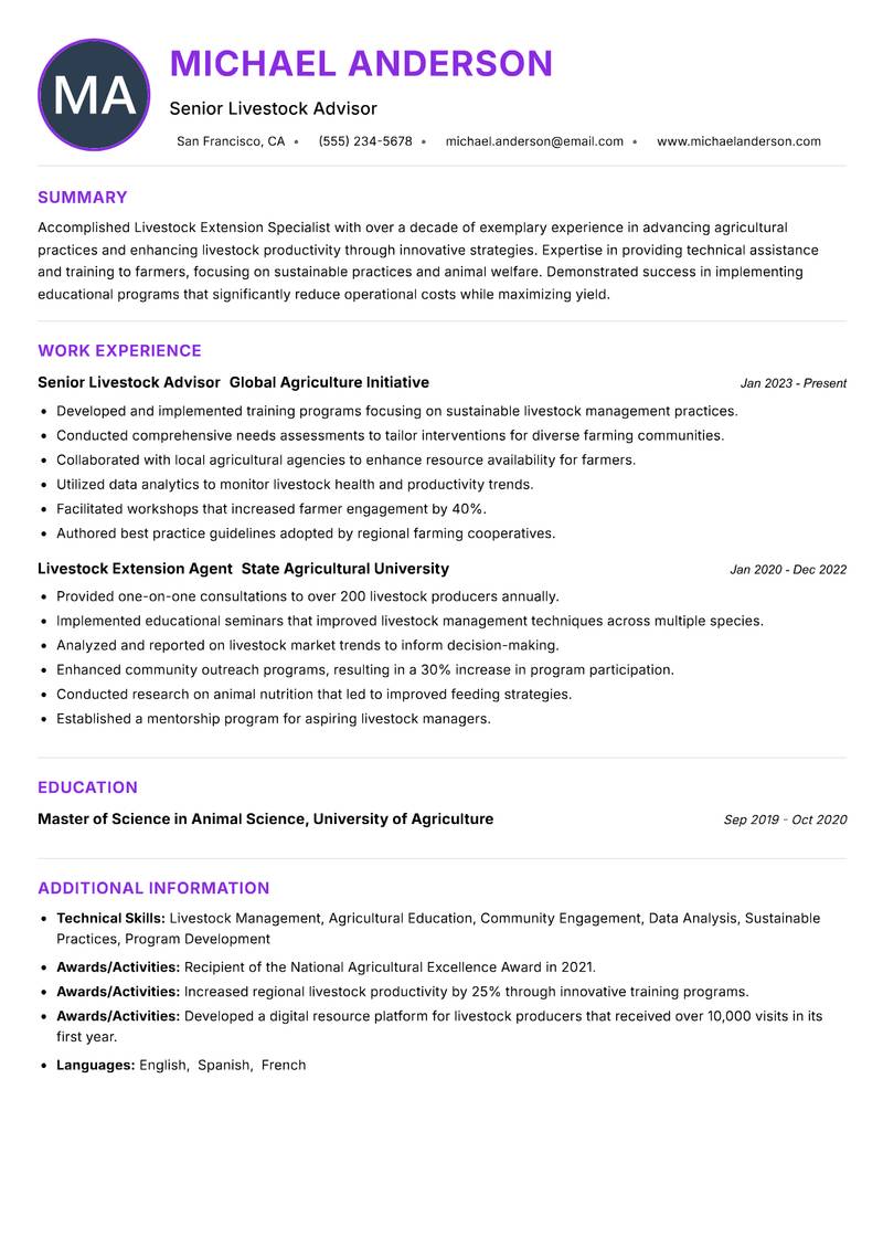 Livestock Extension Specialist Resume Preview Example