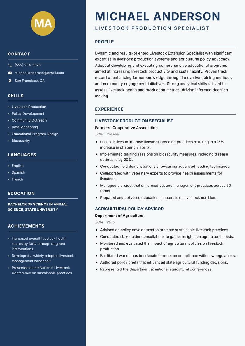 Livestock Extension Specialist Resume Preview Example