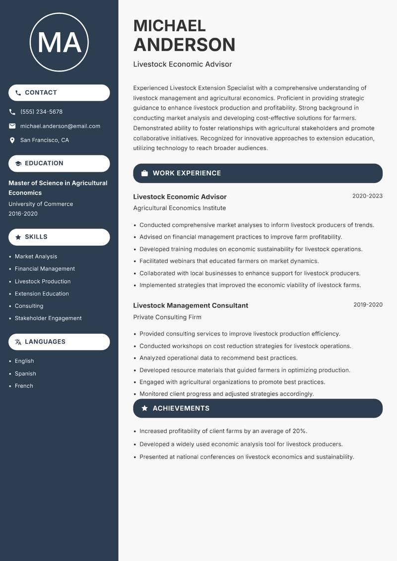 Livestock Extension Specialist Resume Preview Example