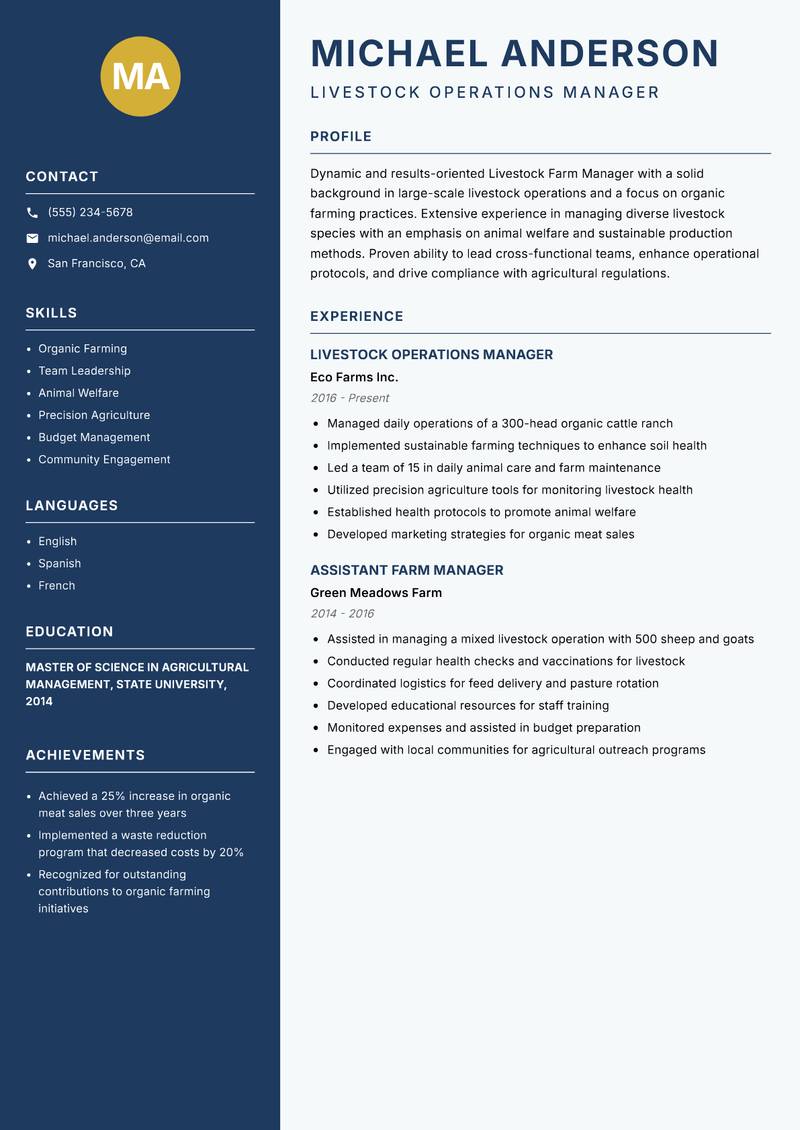 Livestock Farm Manager Resume Preview Example
