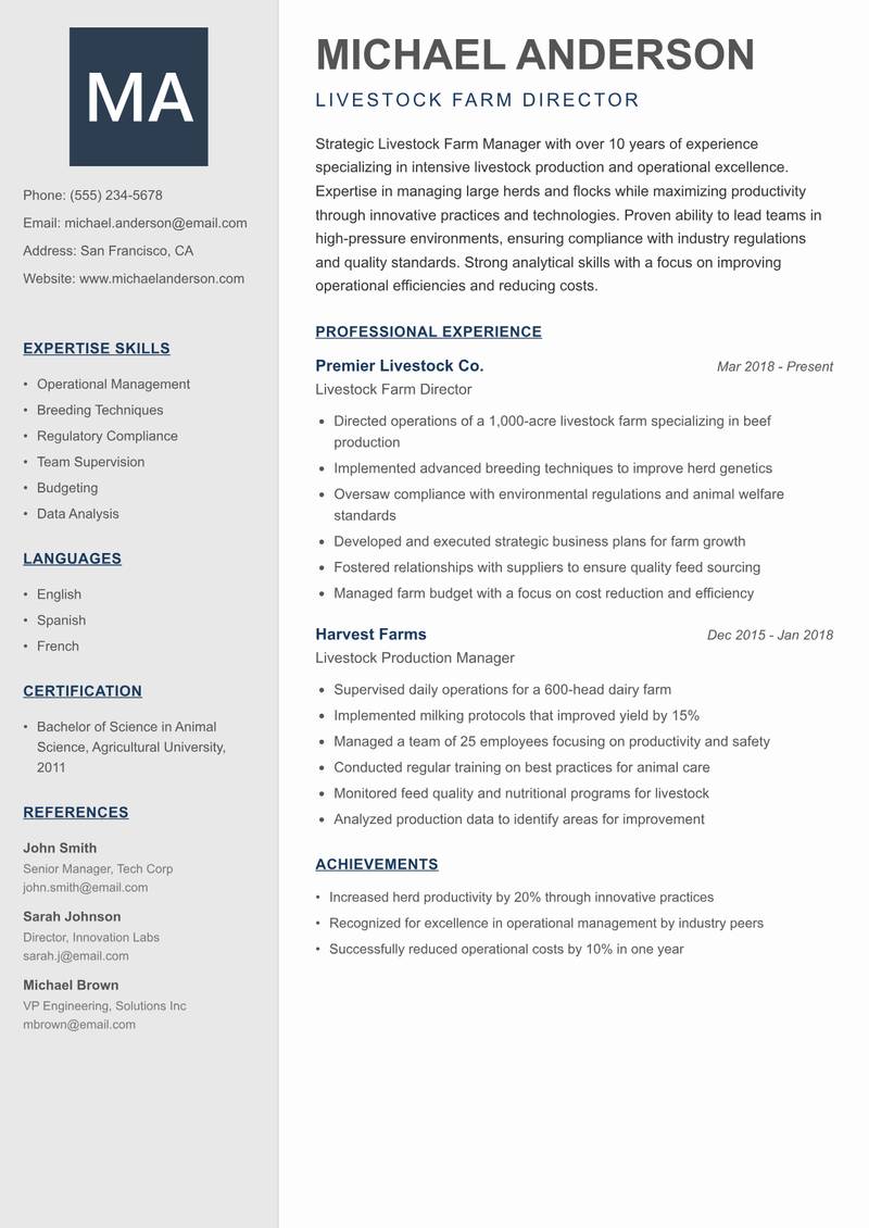 Livestock Farm Manager Resume Preview Example